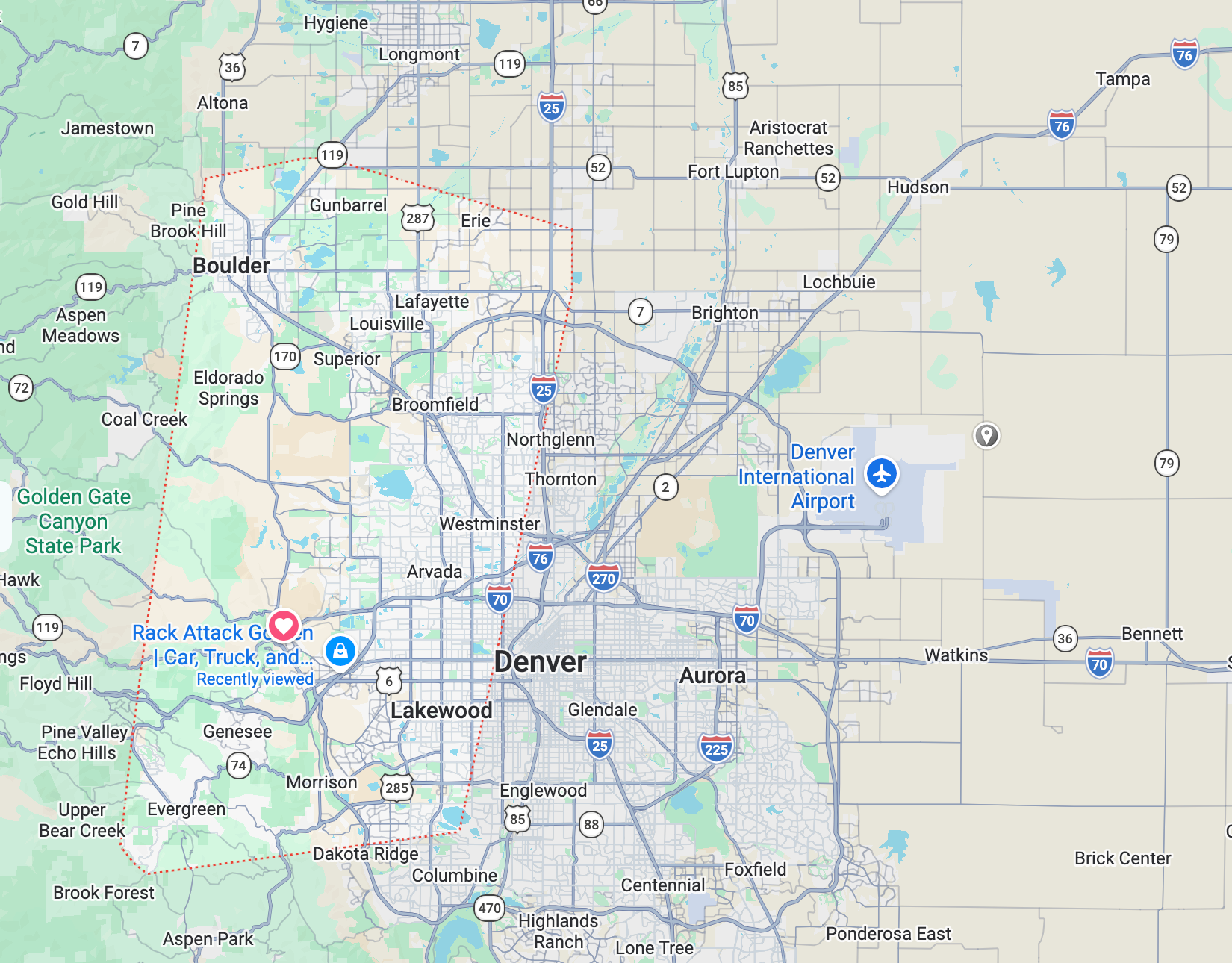 Map of the Denver Front Range with the Trailhead Remodels work area outlined, covering Boulder, Golden, Denver and surrounding communities